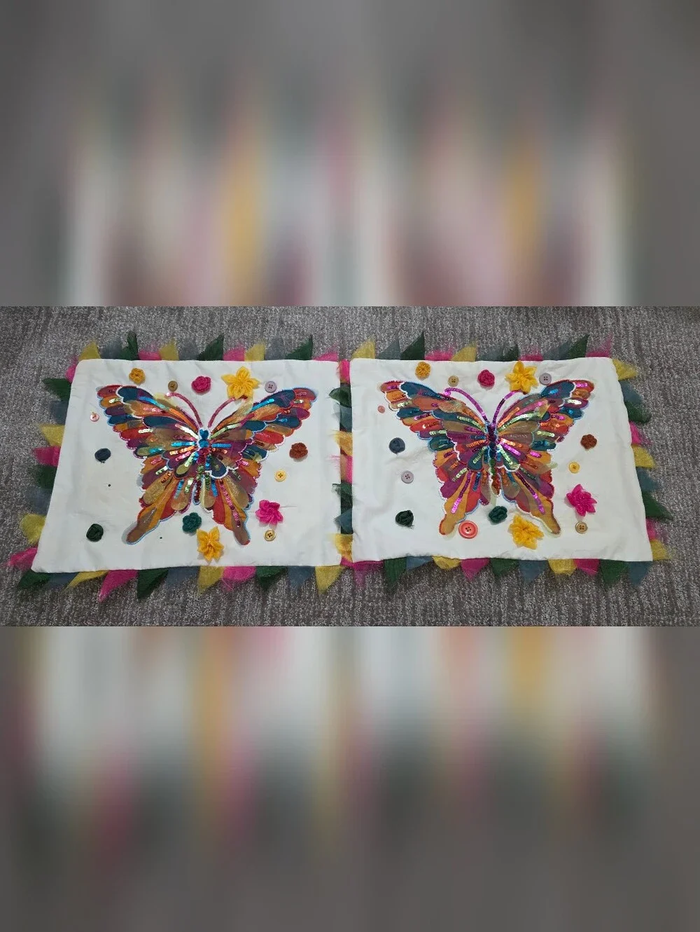 Two Pier 1 Butterfly Pillow Covers Sequins Beaded Fairycore Whimsical Artsy Fun
